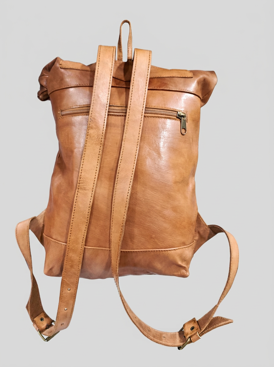 Handcrafted Tan Leather Backpack | Blue Kilim Tribal Roll-Top Rucksack