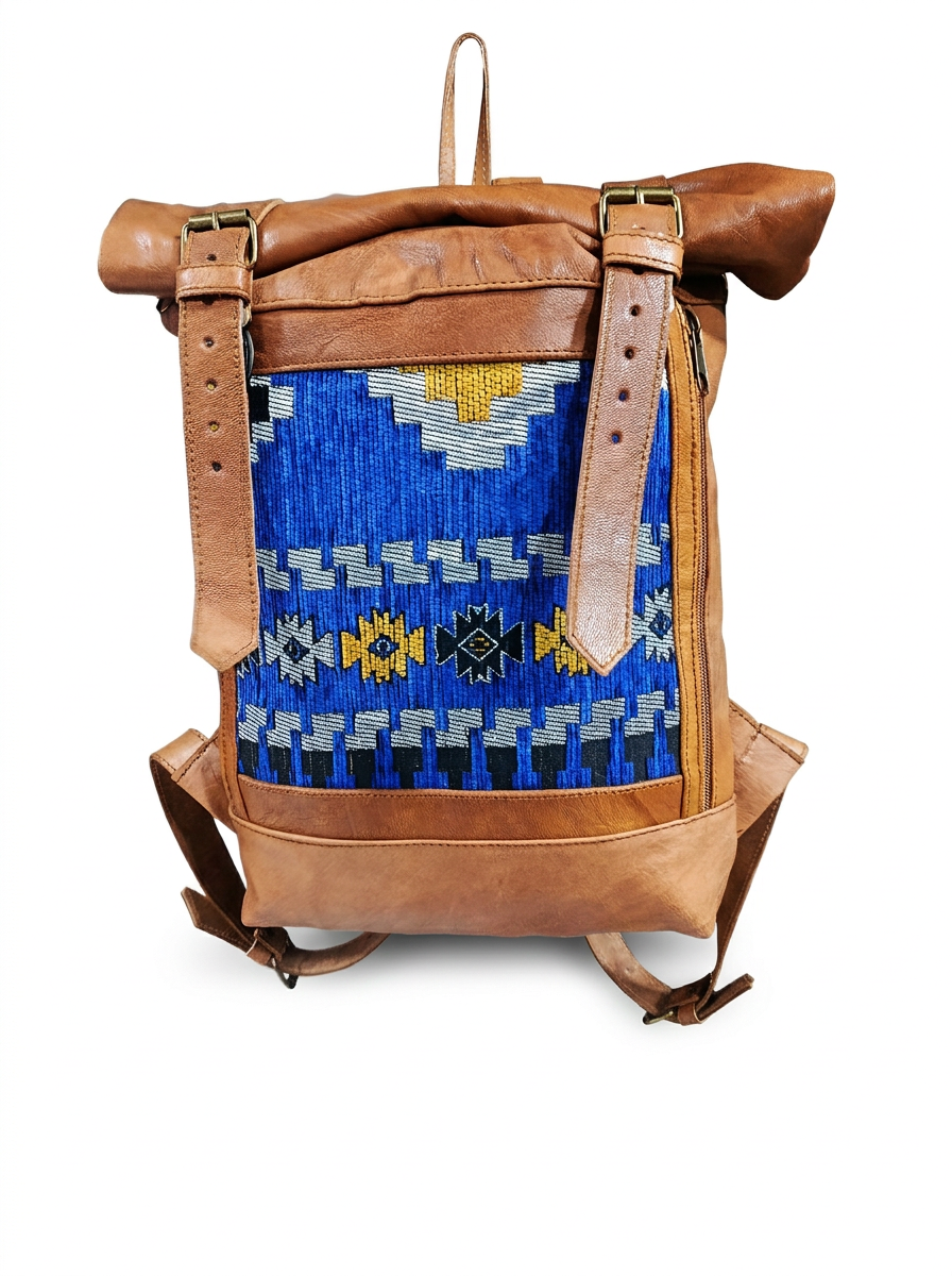 Handcrafted Tan Leather Backpack | Blue Kilim Tribal Roll-Top Rucksack
