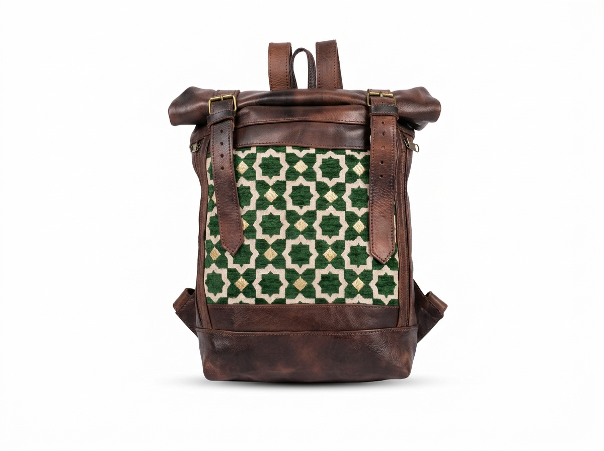 Handcrafted Vintage Leather Backpack | Green Geometric Pattern Roll-Top Rucksack