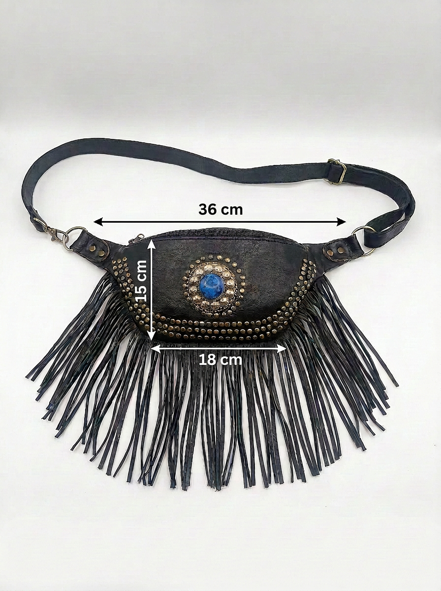Boho Leather Fringe Belt Bag – Vintage Studded Waist Pack & Crossbody Festival Bag