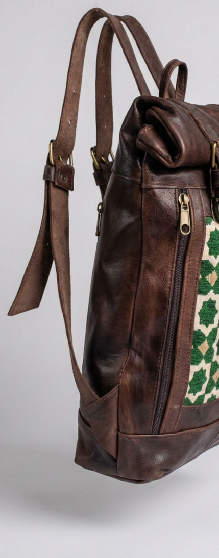 Handcrafted Vintage Leather Backpack | Green Geometric Pattern Roll-Top Rucksack