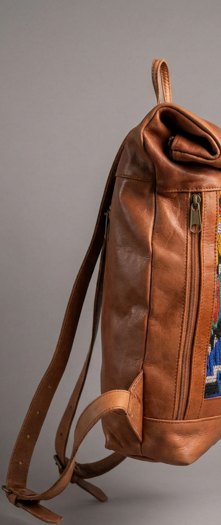 Handcrafted Tan Leather Backpack | Blue Kilim Tribal Roll-Top Rucksack