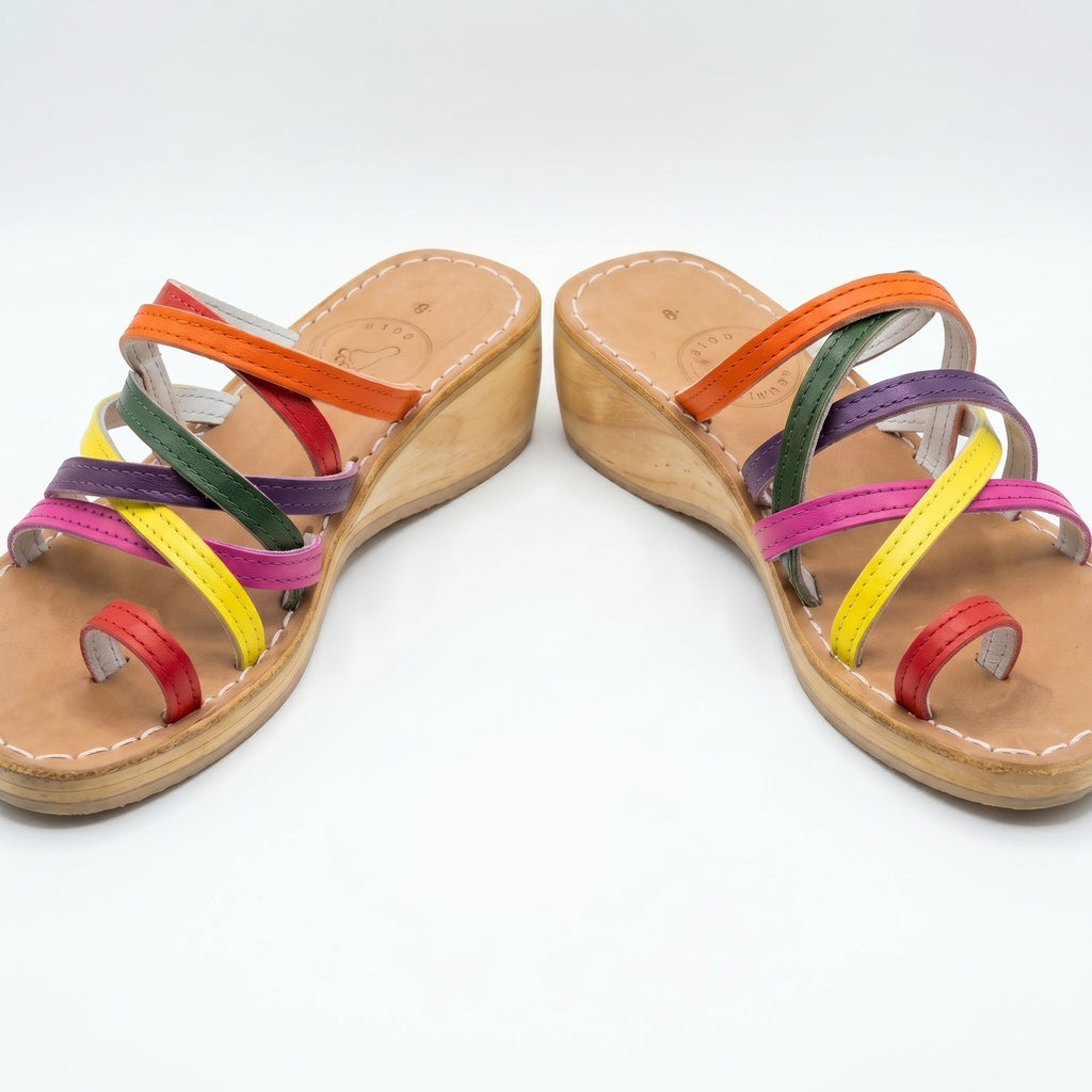 Artisan Rainbow Strappy Wooden Wedge Sandals