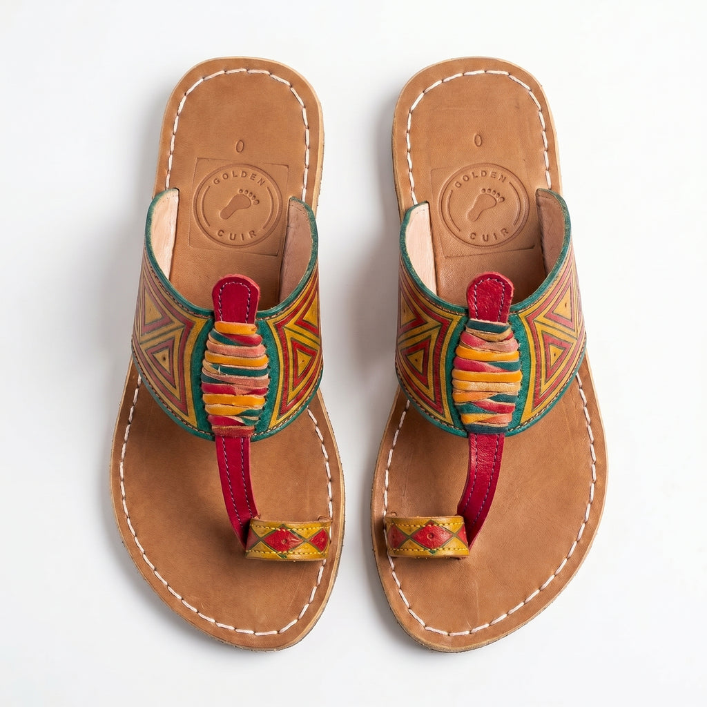 Artisan Hand-Painted Geometric Leather Toe-Loop Sandals