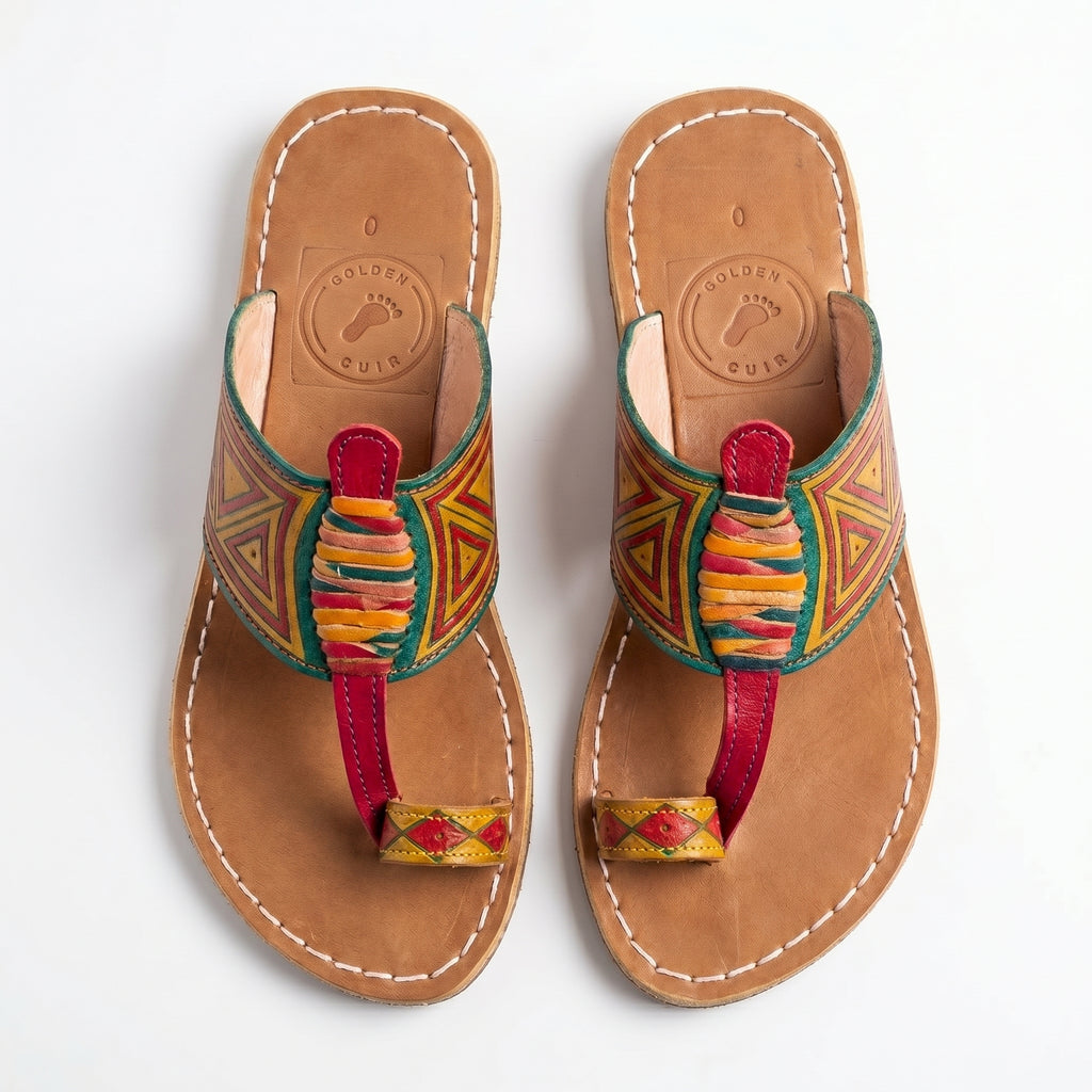Artisan Hand-Painted Geometric Leather Toe-Loop Sandals