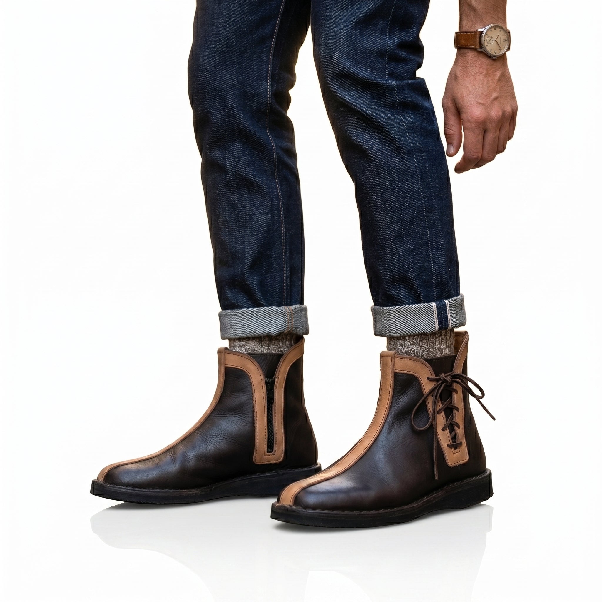 Artisan Handcrafted Leather Boots – Earthy Chocolate & Natural Tan