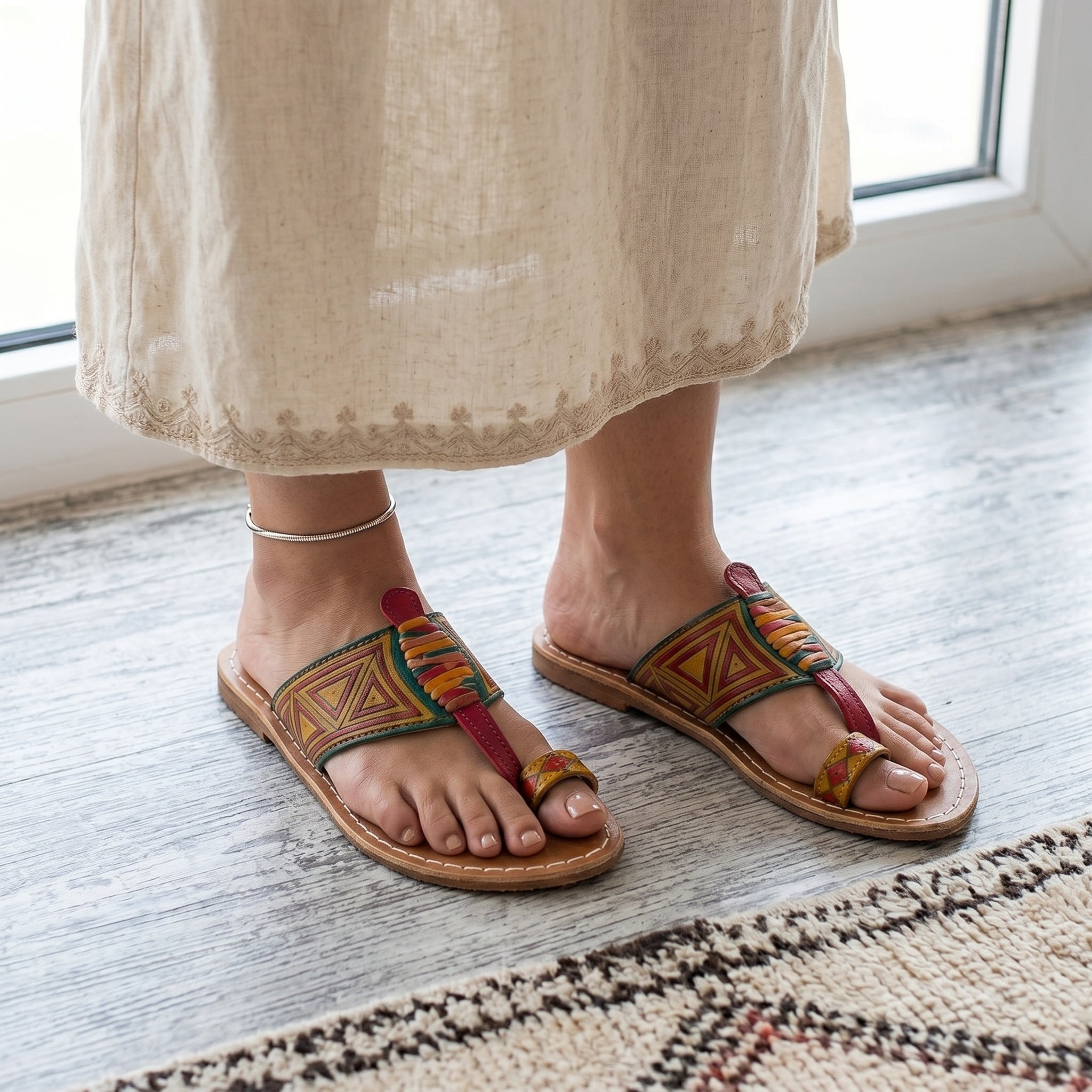Artisan Hand-Painted Geometric Leather Toe-Loop Sandals