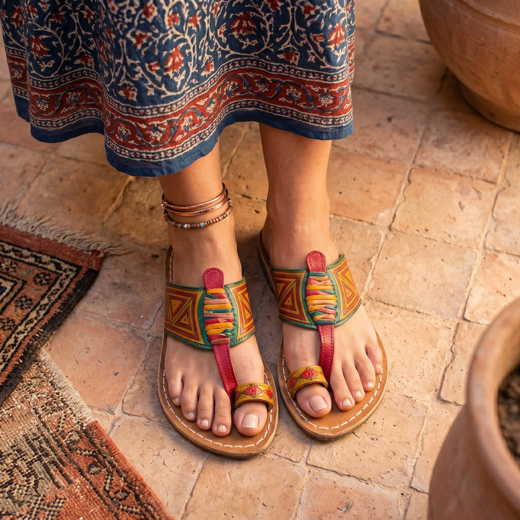 Artisan Hand-Painted Geometric Leather Toe-Loop Sandals