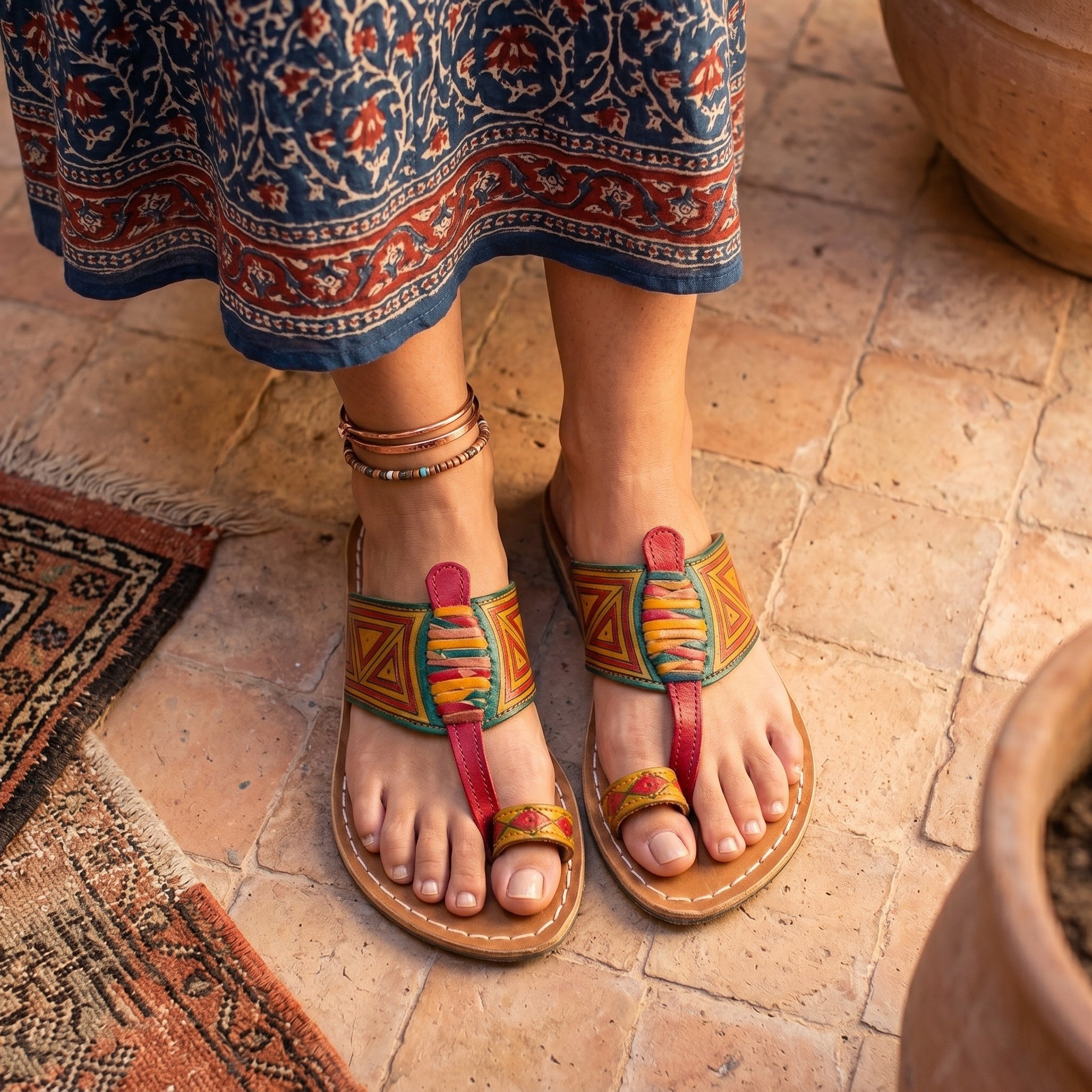 Artisan Hand-Painted Geometric Leather Toe-Loop Sandals