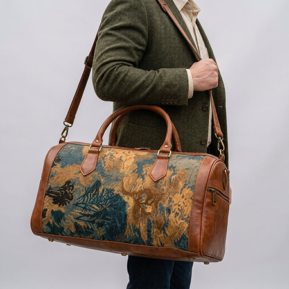 Premium Leather &amp; Woven Velvet Luxury Weekender Bag