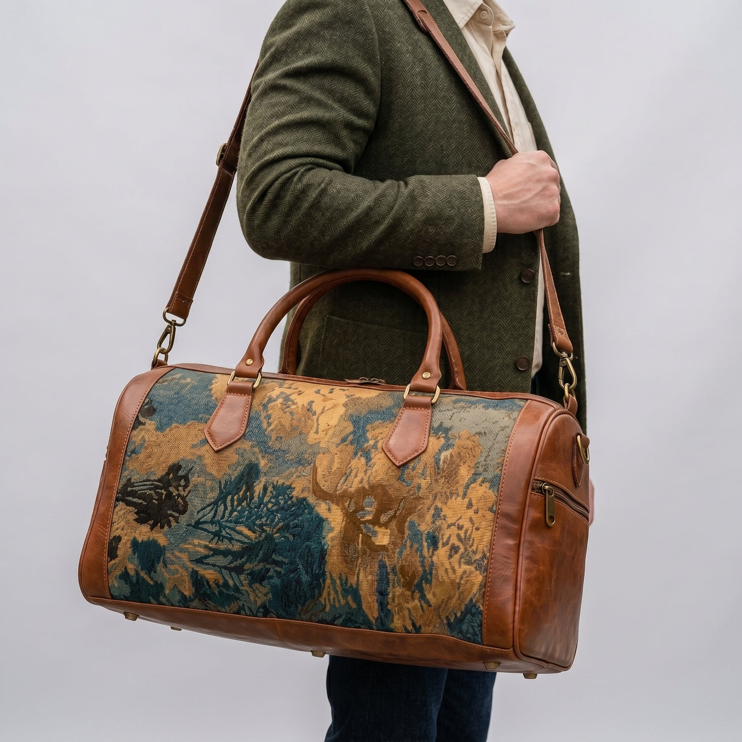 Premium Leather &amp; Woven Velvet Luxury Weekender Bag
