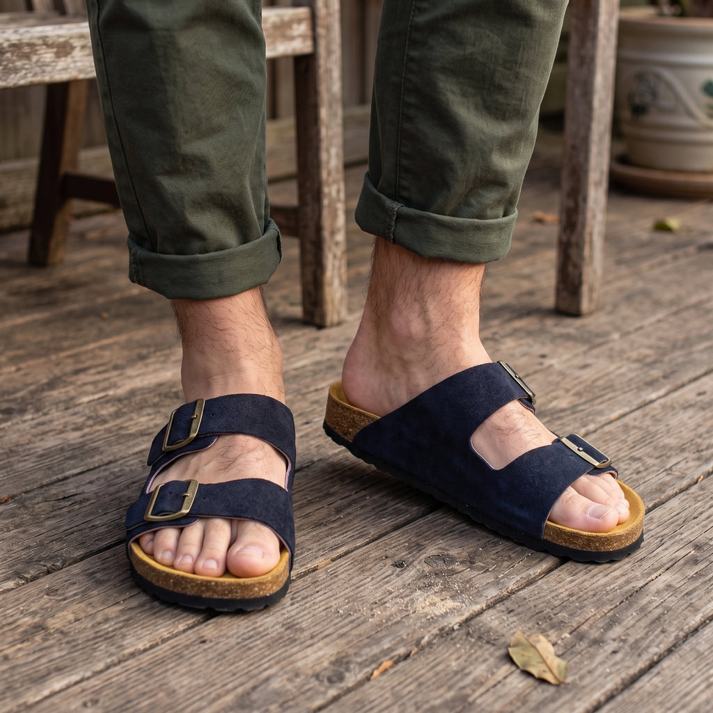 The Nomad Premium Leather & Suede Double-Strap Sandals - Navy Blue