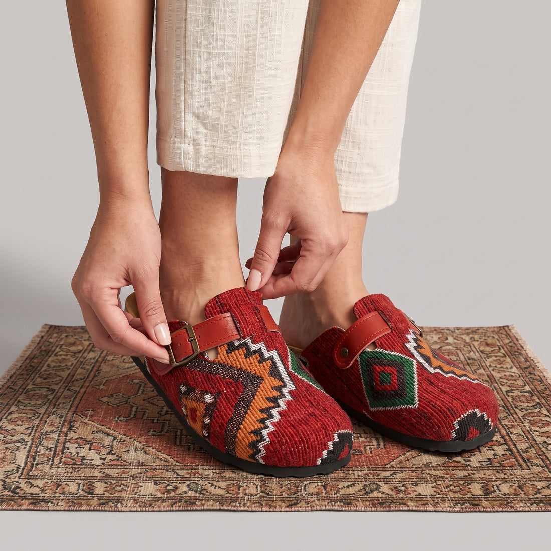 The Atlas Moroccan Kilim &amp; Leather Clogs - Crimson Red