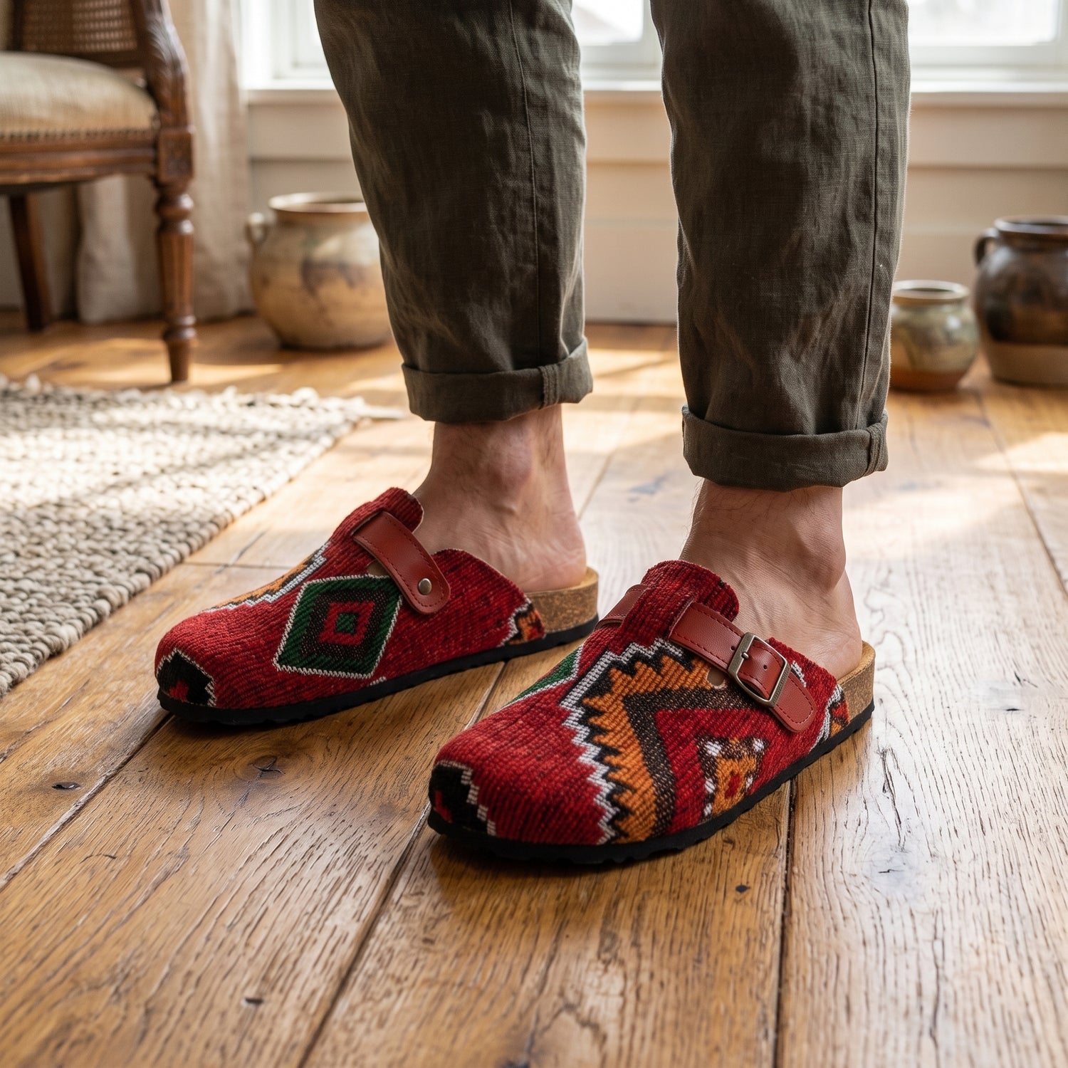 The Atlas Moroccan Kilim &amp; Leather Clogs - Crimson Red