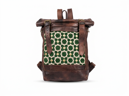 Handcrafted Vintage Leather Backpack | Green Geometric Pattern Roll-Top Rucksack