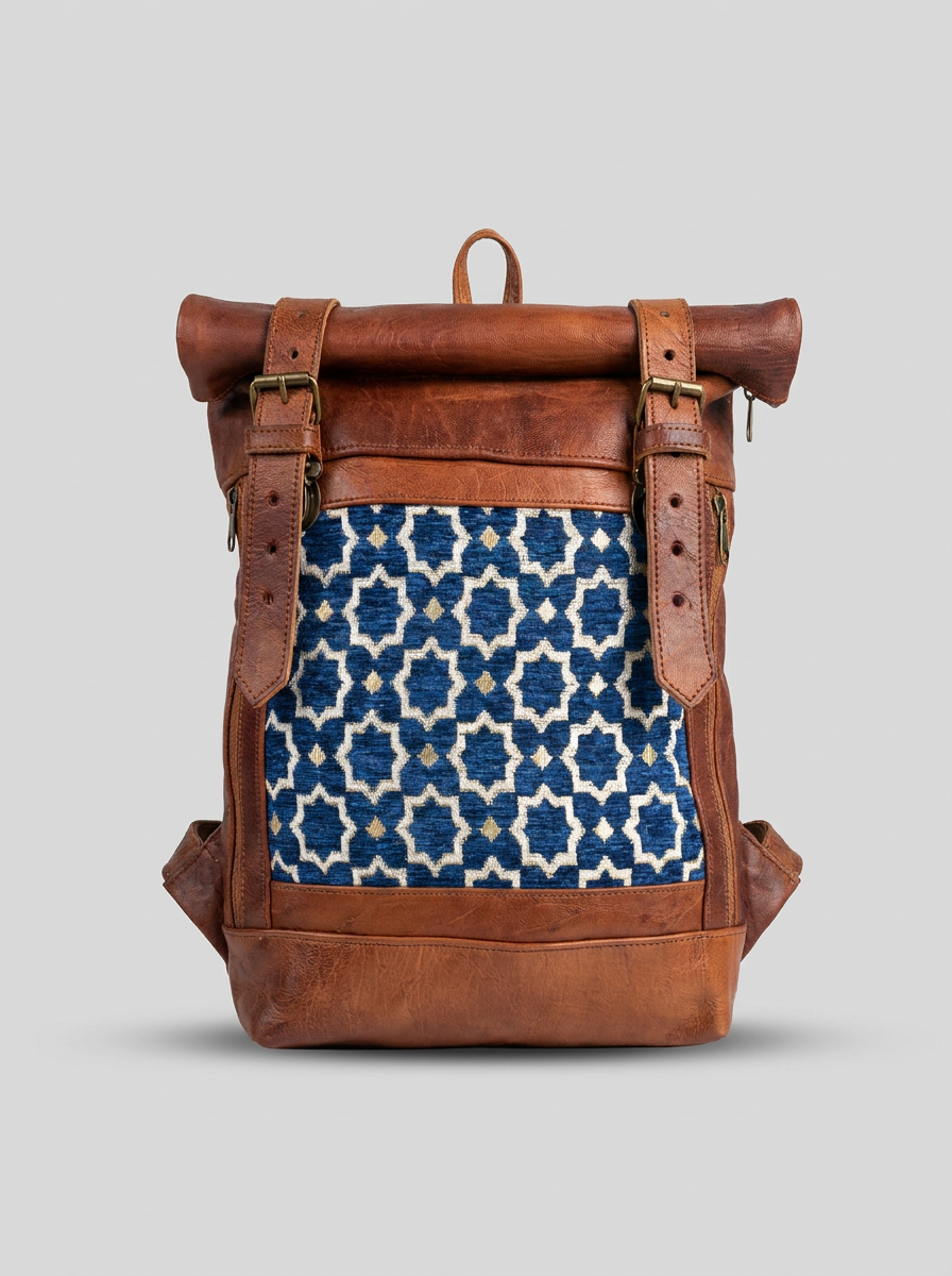 Artisan Handmade Leather &amp; Kilim Roll-Top Backpack