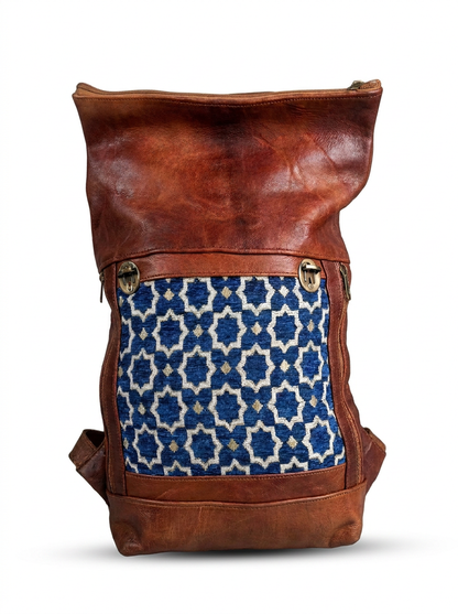 Artisan Handmade Leather &amp; Kilim Roll-Top Backpack