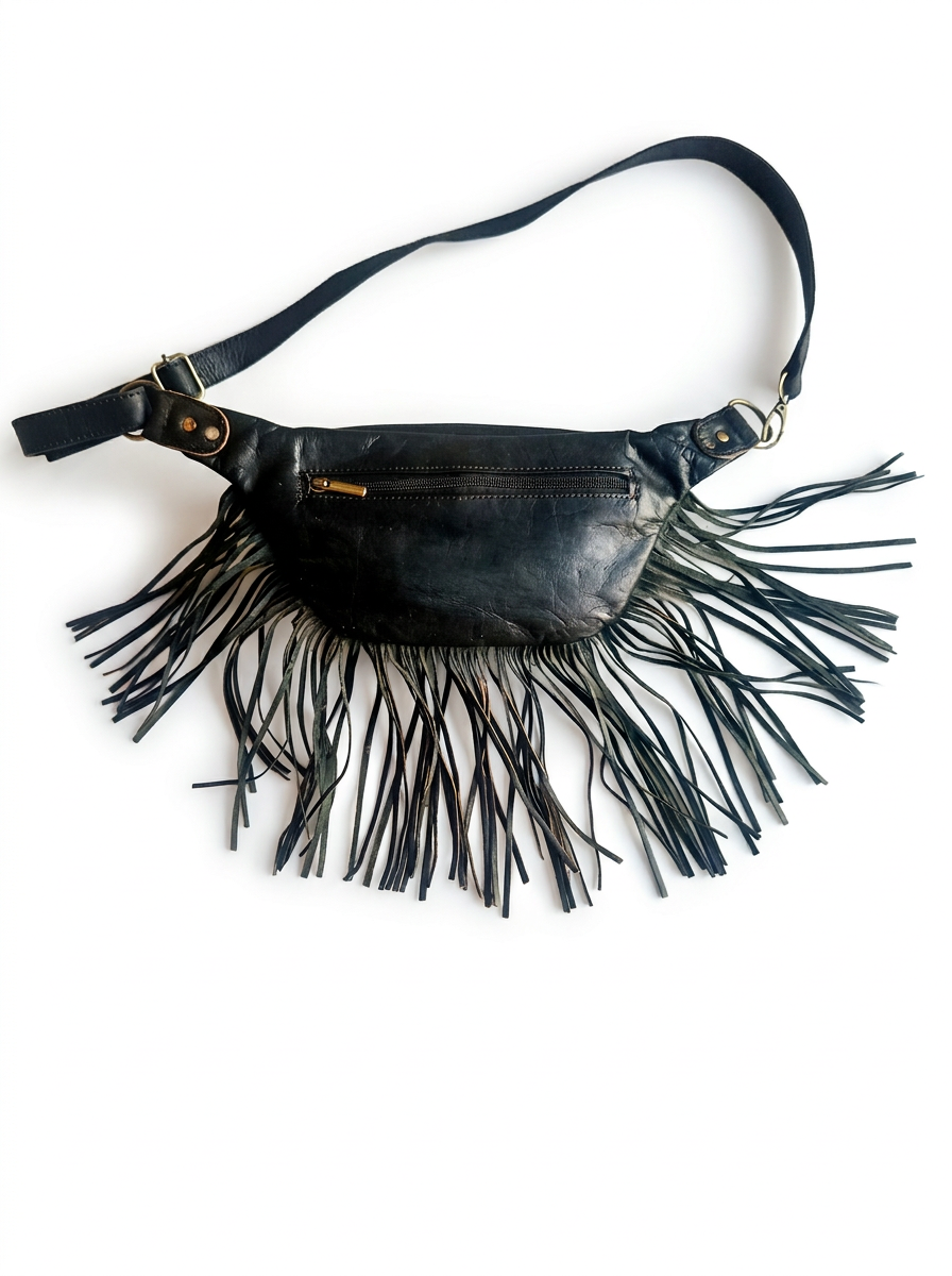 Boho Leather Fringe Belt Bag – Vintage Studded Waist Pack &amp; Crossbody Festival Bag