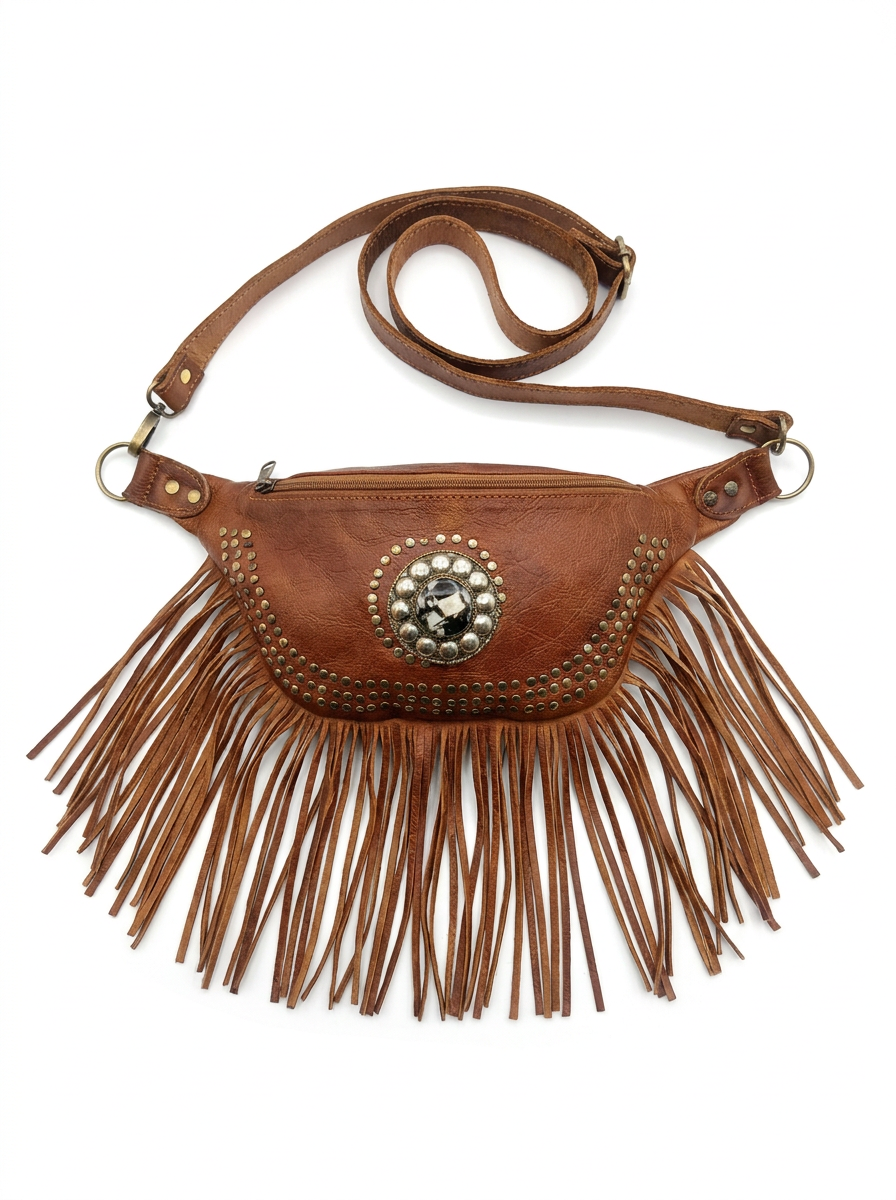 Boho Leather Fringe Belt Bag – Vintage Studded Waist Pack &amp; Crossbody Festival Bag