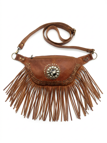 Boho Leather Fringe Belt Bag – Vintage Studded Waist Pack &amp; Crossbody Festival Bag