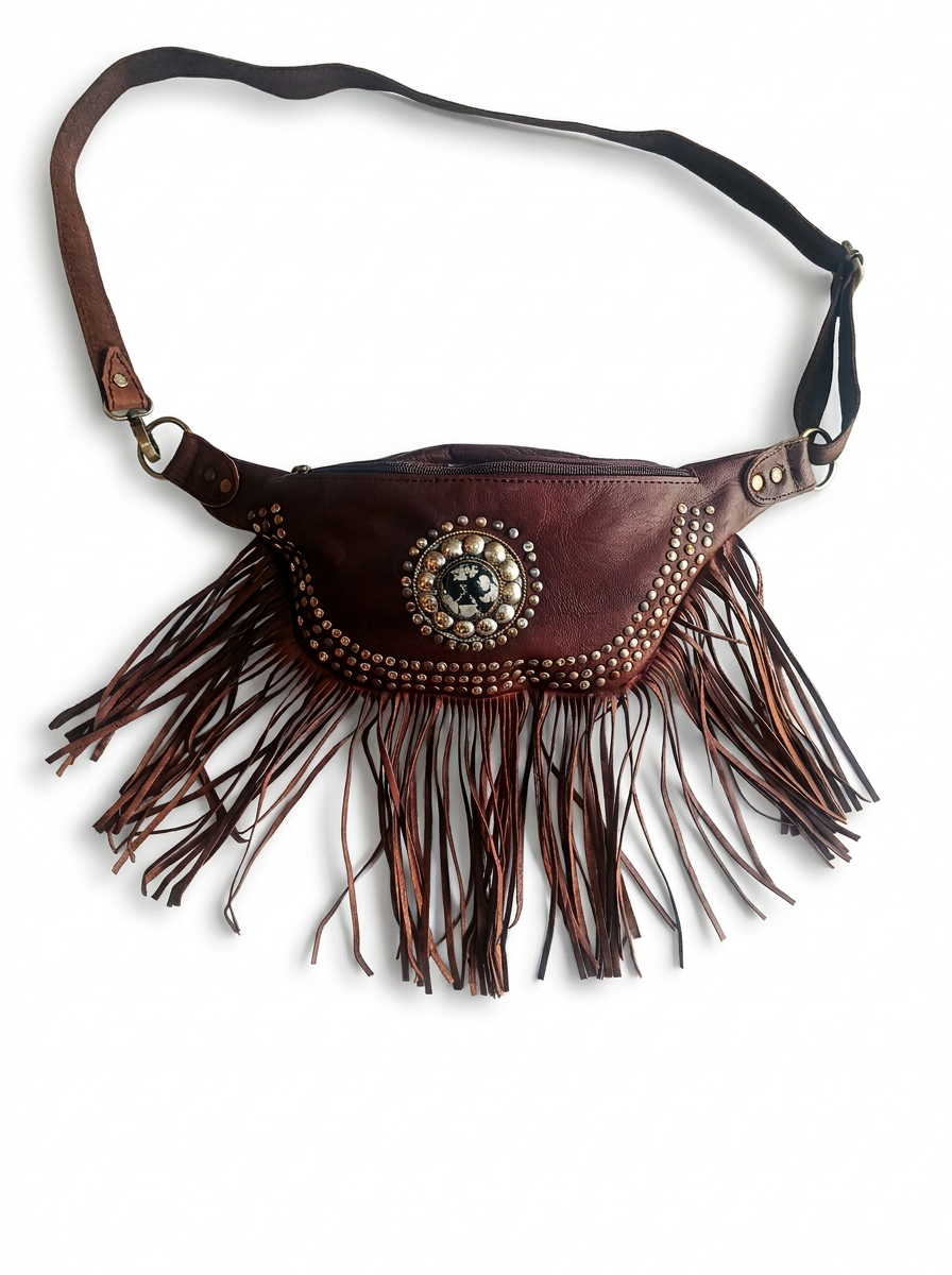 Boho Leather Fringe Belt Bag – Vintage Studded Waist Pack &amp; Crossbody Festival Bag