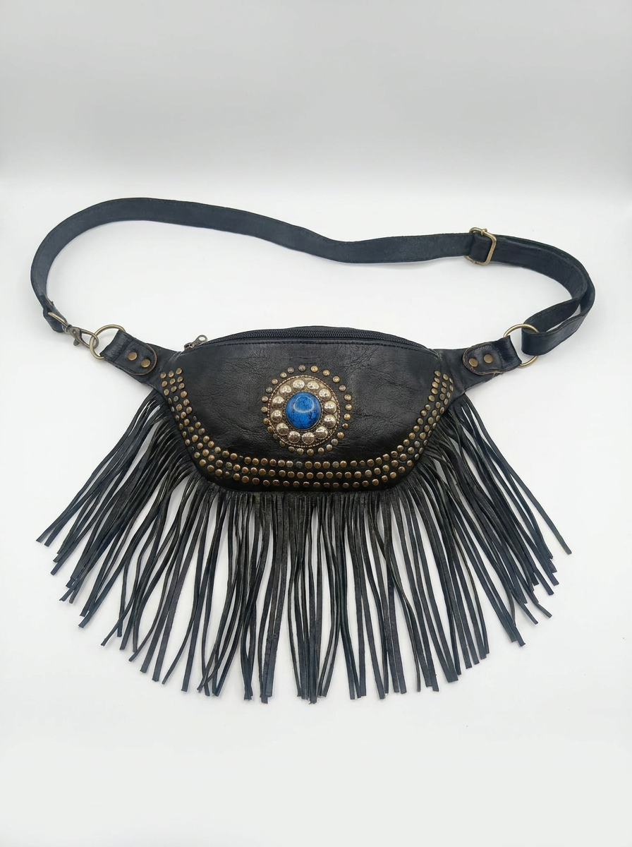 Boho Leather Fringe Belt Bag – Vintage Studded Waist Pack &amp; Crossbody Festival Bag