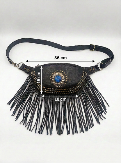 Boho Leather Fringe Belt Bag – Vintage Studded Waist Pack &amp; Crossbody Festival Bag