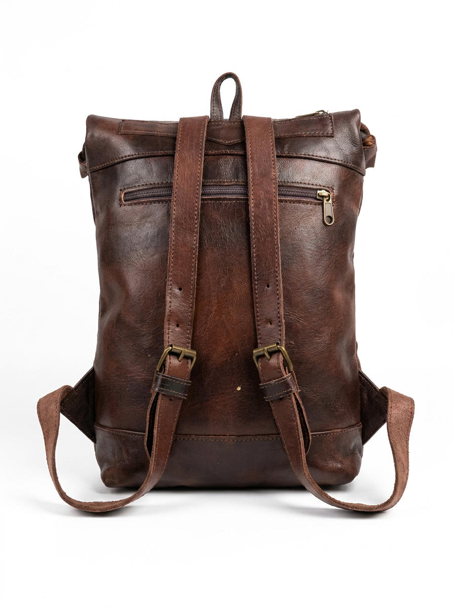 Handcrafted Vintage Leather Backpack | Green Geometric Pattern Roll-Top Rucksack