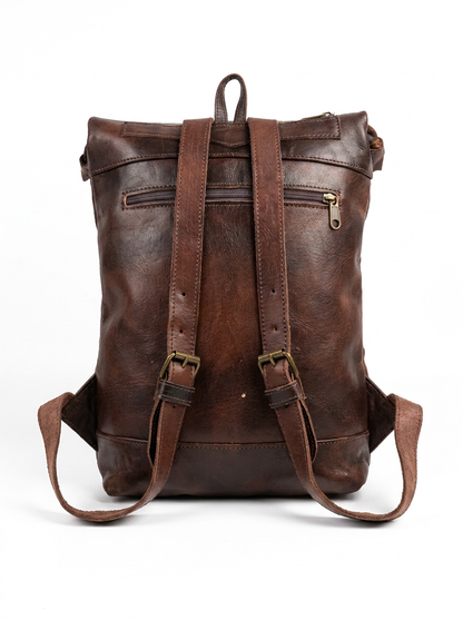 Handcrafted Vintage Leather Backpack | Green Geometric Pattern Roll-Top Rucksack