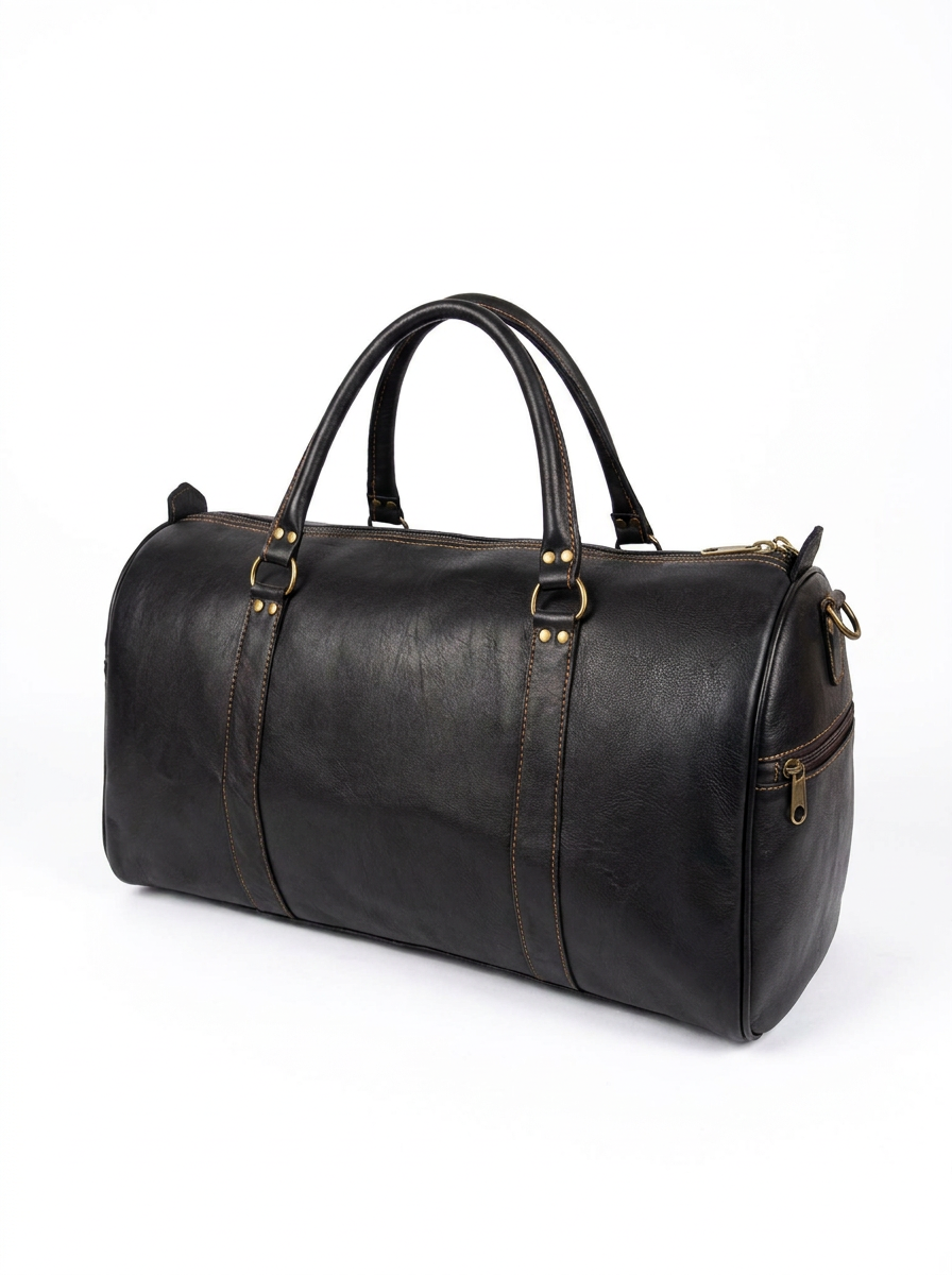 Handcrafted Black Genuine Leather Duffle Bag | Classic Travel Weekender