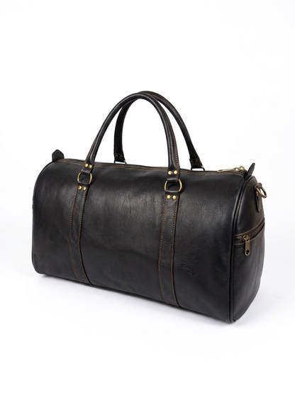 Handcrafted Black Genuine Leather Duffle Bag | Classic Travel Weekender
