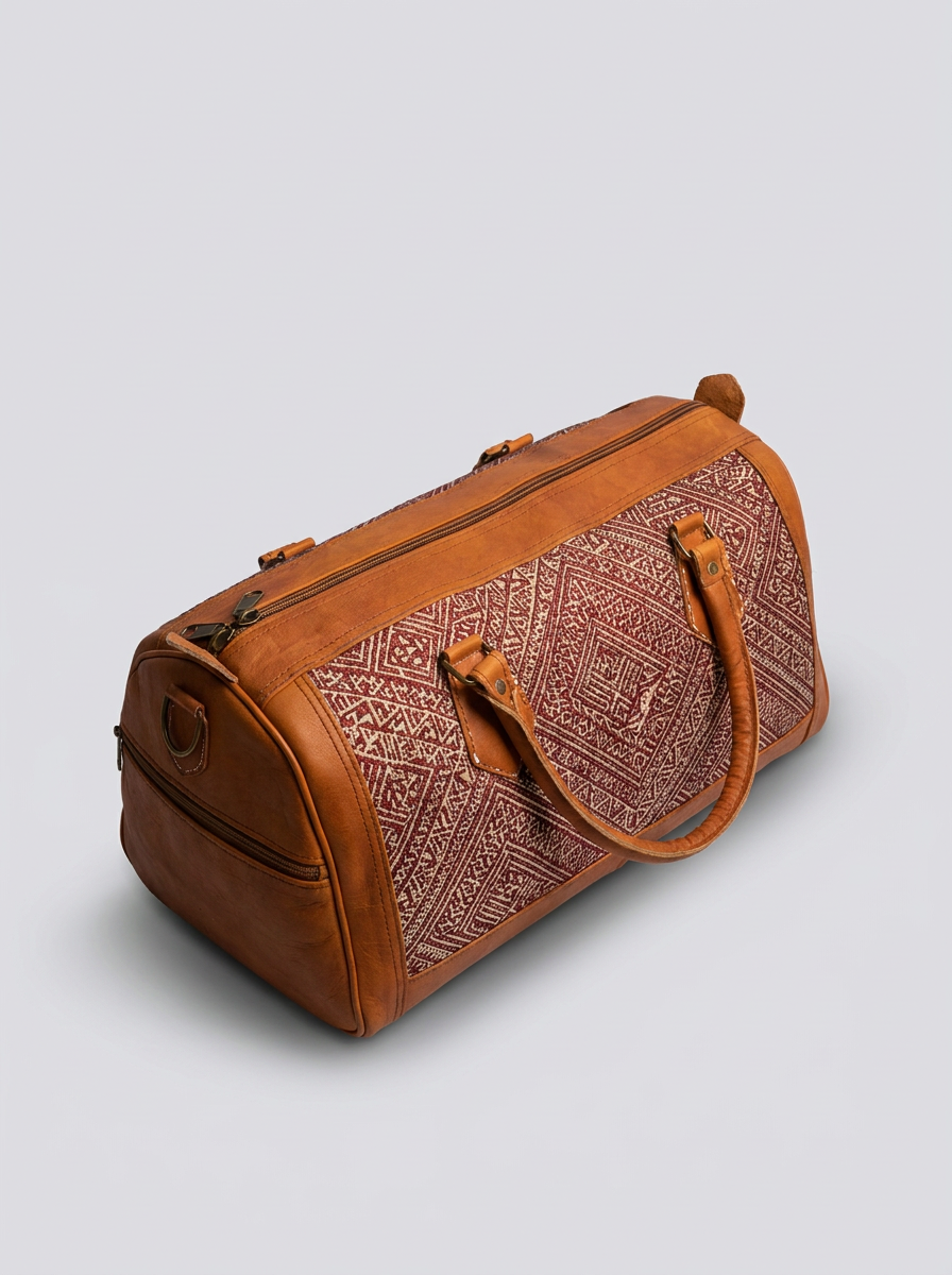 Handcrafted Moroccan Vintage Leather Duffle Bag | Tribal Pattern Travel Bag