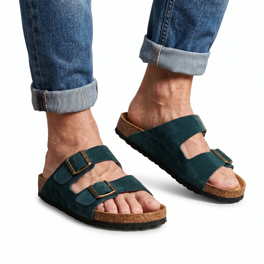 Premium Men's Cork Sole Sandals - Forest Green Suede