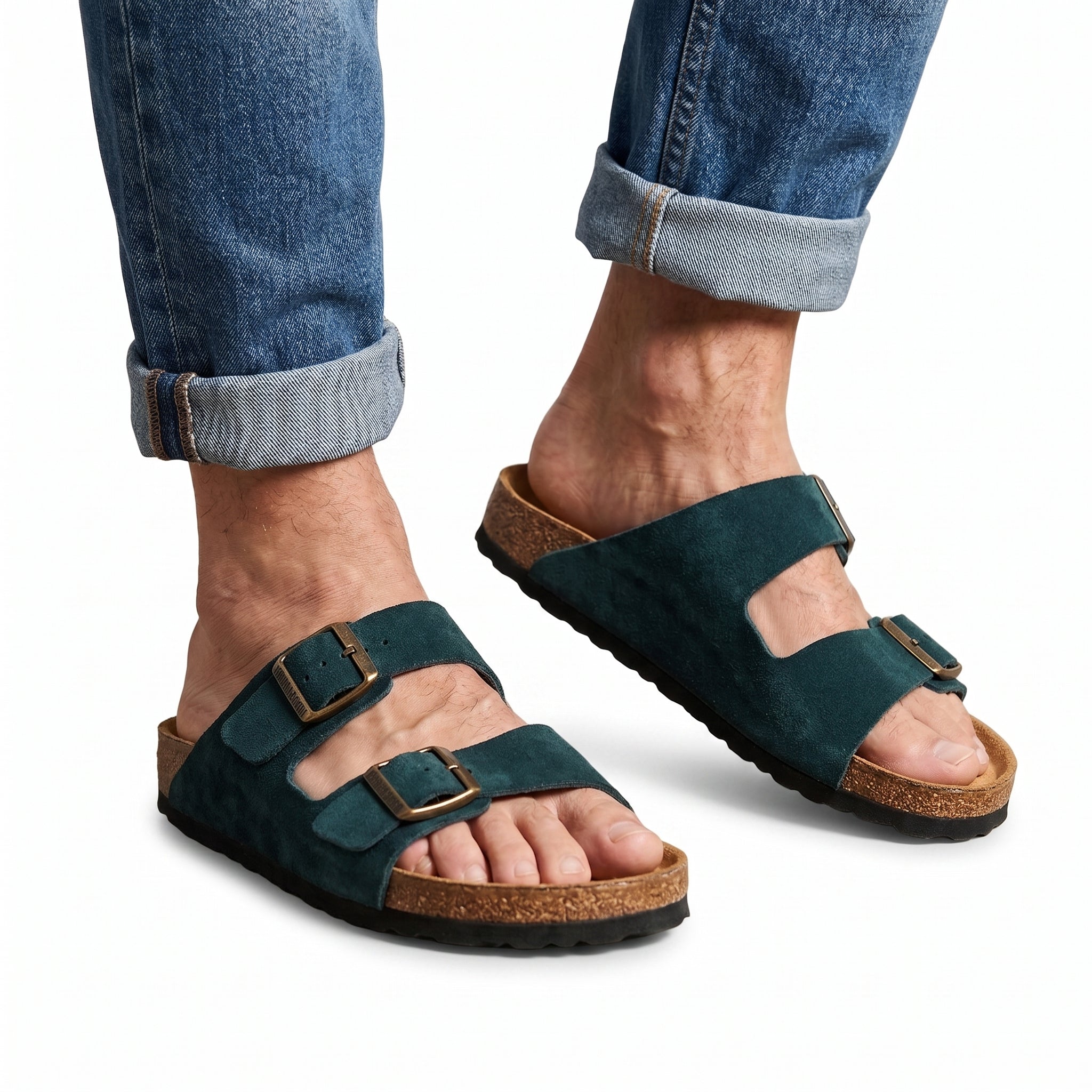 Premium Men's Cork Sole Sandals - Forest Green Suede