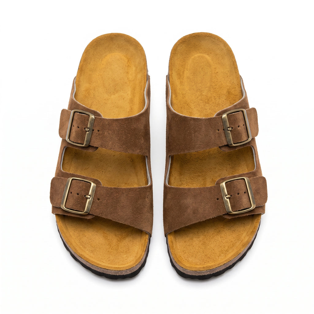 Premium Men's Cork Sole Sandals - Camel Suede