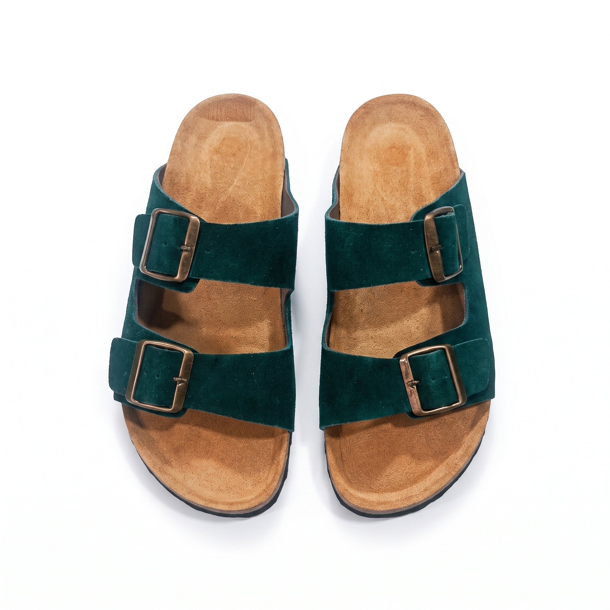 Premium Men's Cork Sole Sandals - Forest Green Suede