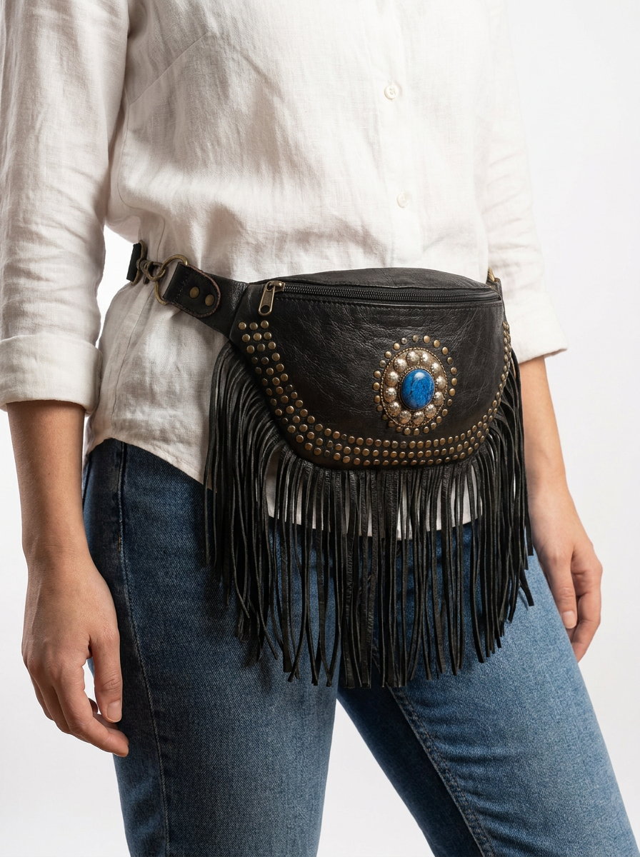 Boho Leather Fringe Belt Bag – Vintage Studded Waist Pack &amp; Crossbody Festival Bag
