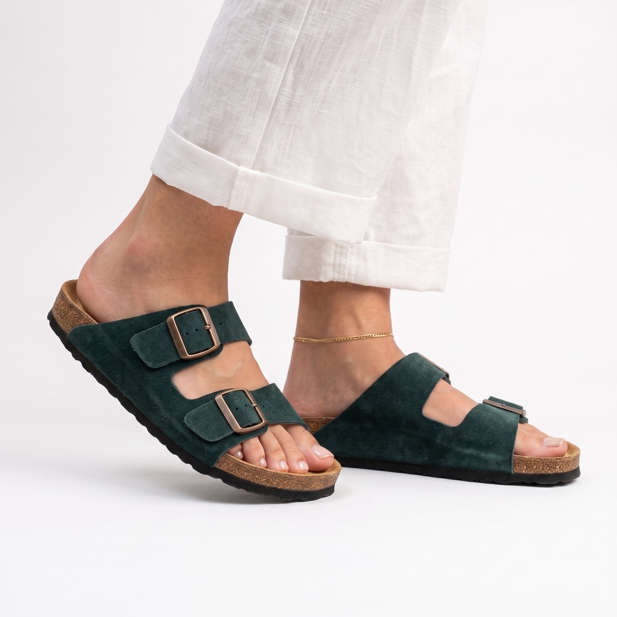 remium Cork Sole Sandals - Forest Green Suede